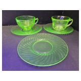 3 Uranium Glass Saucers & 2 Cups