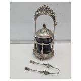 Vintage Pickle Castor with Tongs & Art Glass Jar
