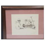 Pencil Sketch Art Signed mPuppy & Boy in Wagon