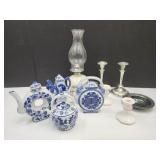 Oil Lamp, Candle Holders & Blue & White Pots