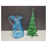 8" Green Glass Tree & VTG Fenton Art Glass Pitcher