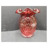 VTG Fenton Cranberry Daffodil Vase w/Crimped Rim