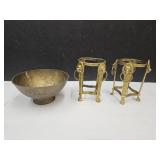 Brass Lion Head Footed Candle Sticks 4"h & Bowl