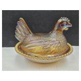 Carnival Glassd  Hen On a Nest Carnival Glass  7"