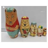 VTG Hand Painted Wolf & Pigs Nesting Dolls 2"-6"