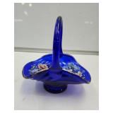 Cobalt Blue Glass Basket Hand Painted 6" L