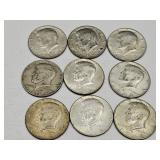 9  Kennedy 40%  Silver 1968 Half Dollar Coins