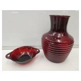 Ruby Red Vase 8" high & Anchor Hocking  4.5" Bowl