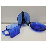 Cobalt Glass Saucers & Sugar Dish