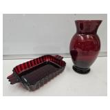 Ruby Red 6" h Vase & Anchor Hocking Ruby Red Dish
