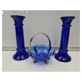 Cobalt Glass Candle Holders & Dish with Holder