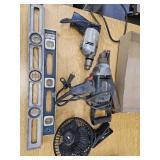 2 Electric Drill, Levels & Clamp On Fan