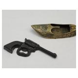 Brass Ashtray & Cast Iron Gun Decor