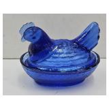 Small Cobalt Hen on a Nest 3 1/4" L