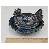Carnival Glass Cobalt Hen on a Nest 6.5" L