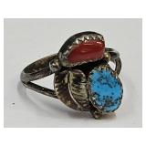 Sterling Silver Ring with Turquoise & Coral sz 7