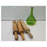 3 Rolling Pins& Green Bottle