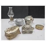 VTG Metal Dresser Boxes & Mini Oil Lamps