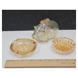 Peach Luster Piggy Bank 4.5"L  & 2 Small Ashtrays
