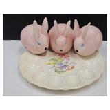 3 MCM  Bunny Cotton Dispensers w Egg Plate