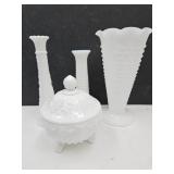 Westmoreland Glass Candy Dish & 3 Milkglass Vases