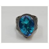 Sterling Silver Pear Shaped Aqua Caribbean SZ6.5