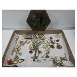 Large Lot of Costume Jewerly & Metal Box