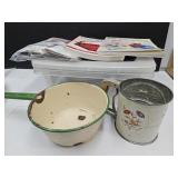Sifter & Enamel Ware Pan w/Fenton Glass Books