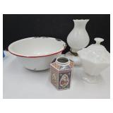 Milk Glass Lamp, Porcelain Enamel 12" Bowl +