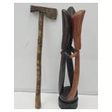 Carved & Signed 20" H Tribal Statue & Sm Hatchet