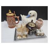 Ceramic Swan, Fire Engine Stein, Dresser Box+