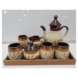 Pottery Pot, Creamer, Sugar & Mugs