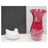 Ruby Red Vase & 4.5"  Hen on a Nest with Chip