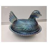 Hen on a Nest Blue  Carnival Glass 7"
