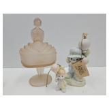 Pink Frosted Dresser Top Dish & Precious Moments