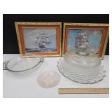 2 Wall Decor Ship Prints 15" W & Cake Dome, Plates