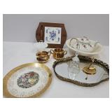 Dresser Tray, Brass Swan Ring Holder, Bell, TeaPot