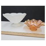 Peach Luster Ruffled 6.5" & Milk Glass Bowl 9.5" W