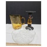 Amber Glass Pitcher 7" H,Candleholder & Leaf Plate