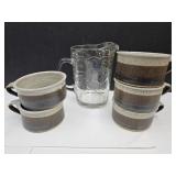 Signed Pottery Soup Mugs & Anchor Hocking Pitcher