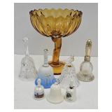 Vintage Indiana Amber Glass Compote & Glass Bells