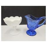 Cobalt Creamer & Milk Glass Dish w Base Chip