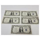 (5) 1935 Blue Seal $1 Dollar Currency Notes