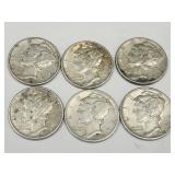 6 Silver Mercury Dimes see dates