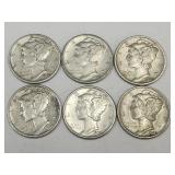 6 Silver Mercury Dime Coins See Dates