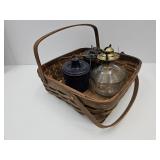 Primitive Decor, Food Crocks, Basket & Oil Lamp