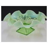 Green Glass Footed Ruffled Bowl 9.75" W