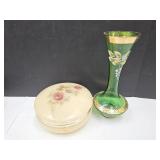 Alabaster Dresser Box  5" & Hand Painted  7"  Vase