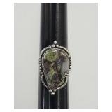 Sz. 8.5 Green & Grey Agate Ring 925