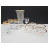 VTG Mikasa? Gold Trimmed Vase 10"h,Glasses+
